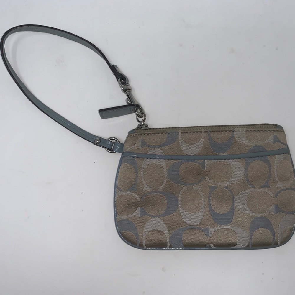 Coach Blue Tan Small Wristlet with Patent Leather trim